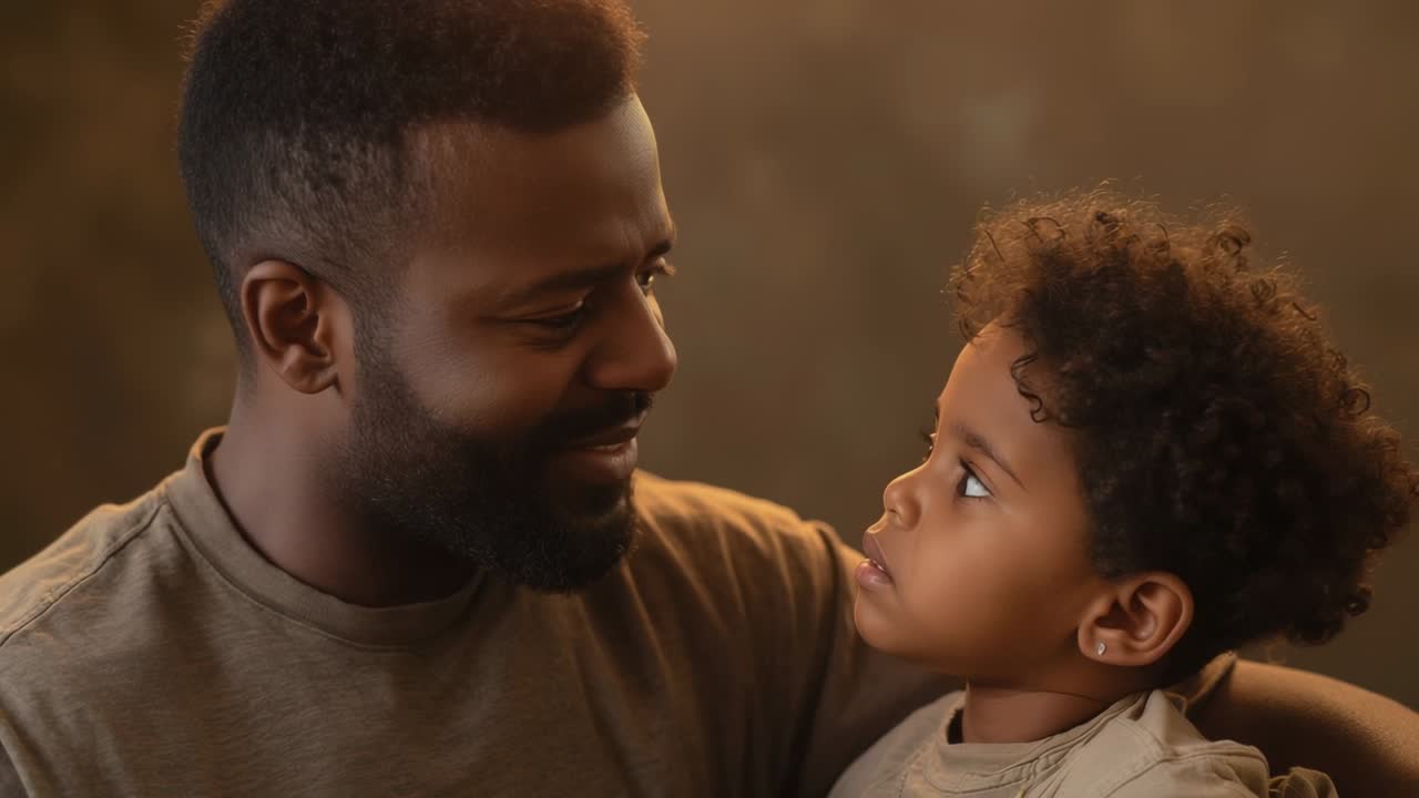 Holding father initiating eye contact, soothing preschool son at home with earthtone shirt and arm