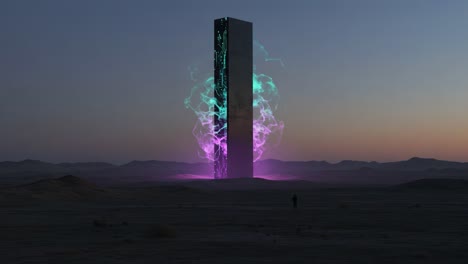 a solitary figure approaches a massive, ethereal monolith emanating vibrant energy in a desert landscape at dusk, inviting wonder and mystery