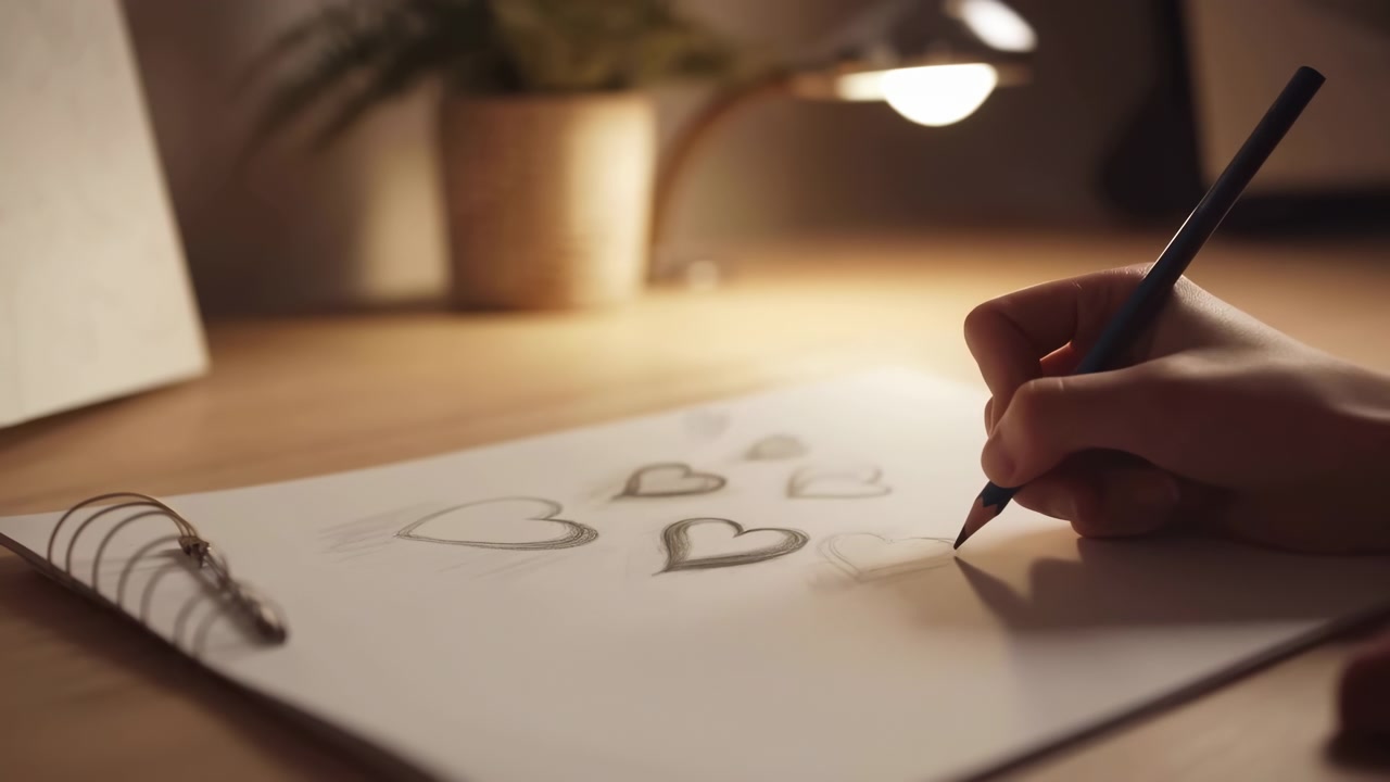 Right hand moves pencil across spiral sketchbook, drawing shaded heart shapes on warm wooden desk with plant nearby, soft lamp glow, intimate creative workspace mood, with hand, pencil, sketch