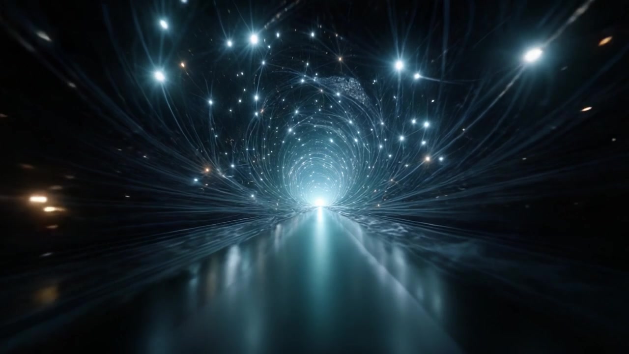 A mesmerizing journey through a cosmic tunnel filled with shimmering lights and intricate patterns, evoking a sense of wonder and discovery in a digital universe.
