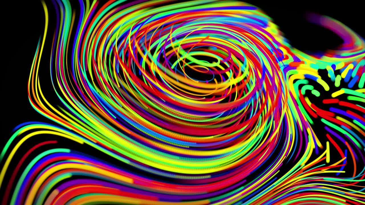 el flujo de partículas forma líneas rizadas como rastros de brillo de diferentes colores, las líneas forman un patrón giratorio como ruido de rizado. abstracto 3d bucle de flujo de animación como fondo festivo creativo brillante