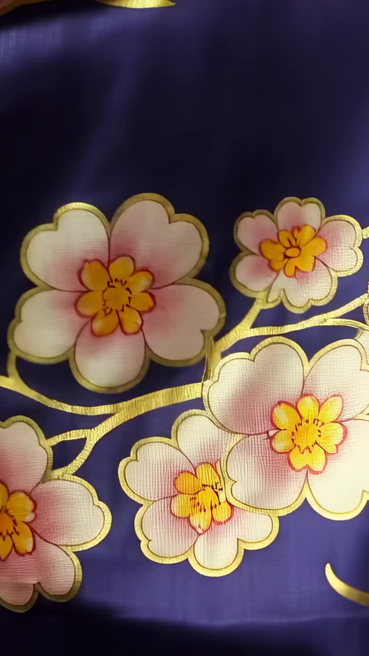 Video verticale: camera a mano che scorre su tessuto in studio, mostrando fiori rosa e linee dorate