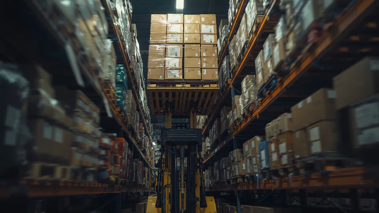 Entering warehouse aisle yellow forklift carrying pallet, lifting stacked boxes for restocking