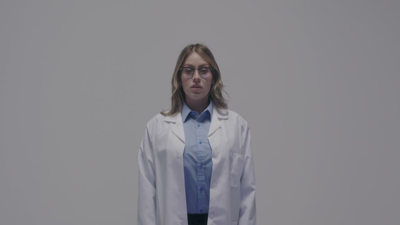 Female doctor in white coat and wearing glasses of caucasian race on white background