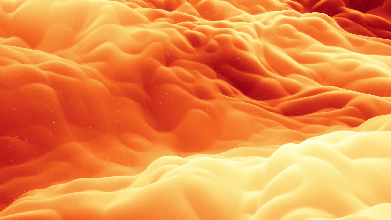 hermosa superficie 3d abstracta con chispas de brillo, ondas 3d abstractas se ejecutan en la superficie en bucle. gradiente naranja rojo, material mate suave con brillo interno ligero. animación 4k suavemente