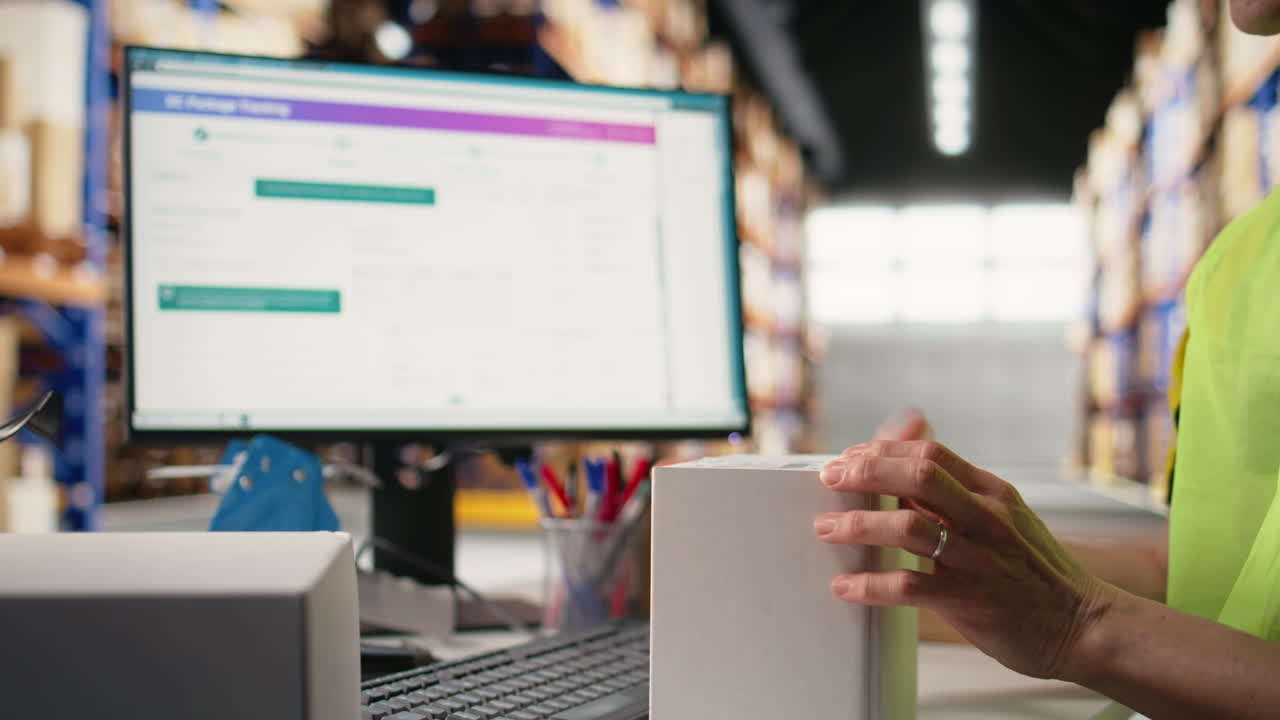 Vertical Video Asian employee applying shipping labels and scanning tracking info