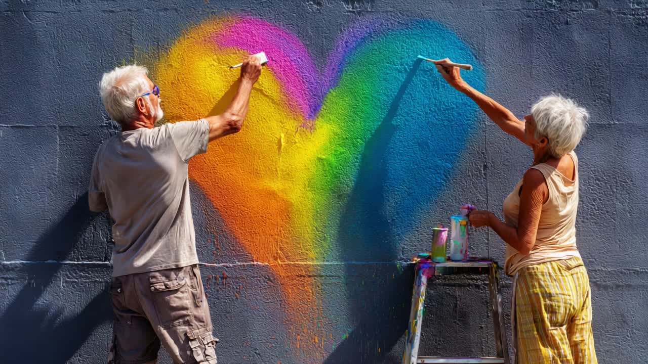 Creative Duo Painting Vibrant Rainbow Heart Mural on Urban Wall, Showcasing Artistic Expression and Joyful Collaboration in a Colorful Community Space