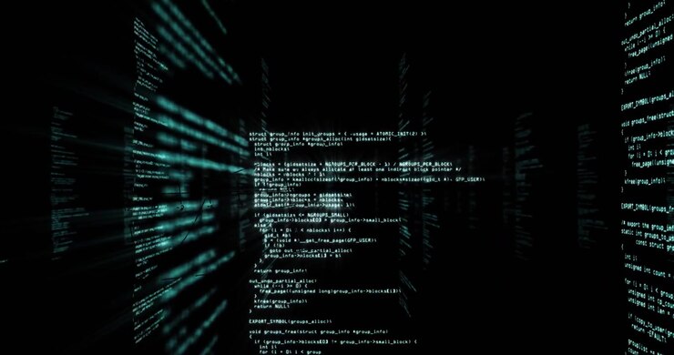 Animation of mathematical equations over data processing on black background