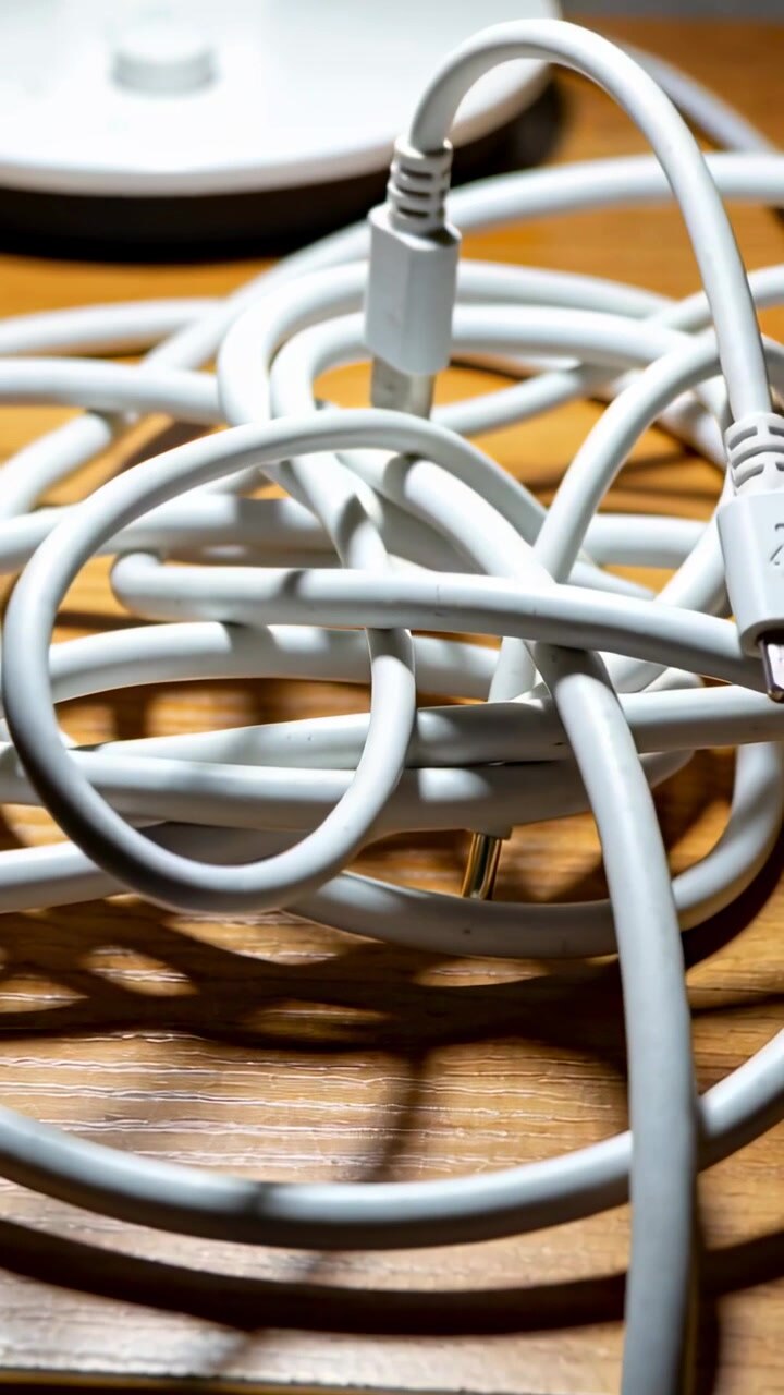 Vertical video: Pulling camera showing tangled charging cable on wooden table to inspect, two ends