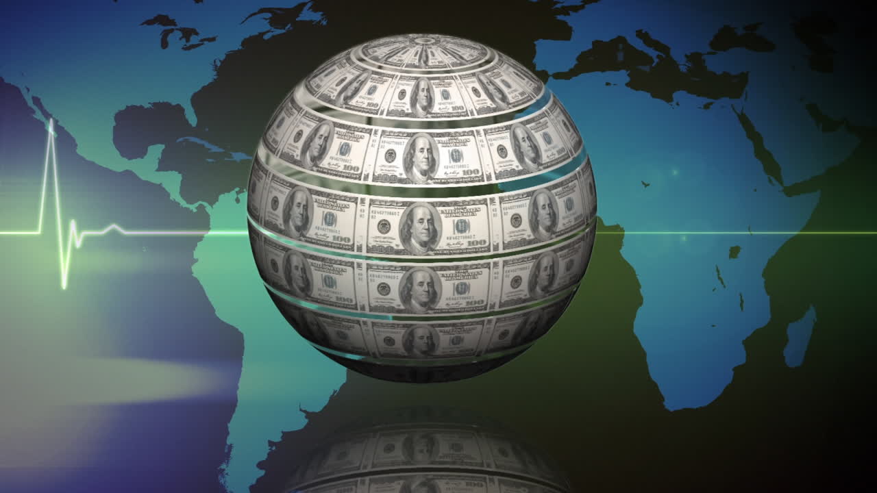 미국 달러 지폐의 애니메이션 지구가 회전하는 심박수 모니터와 세계 지도