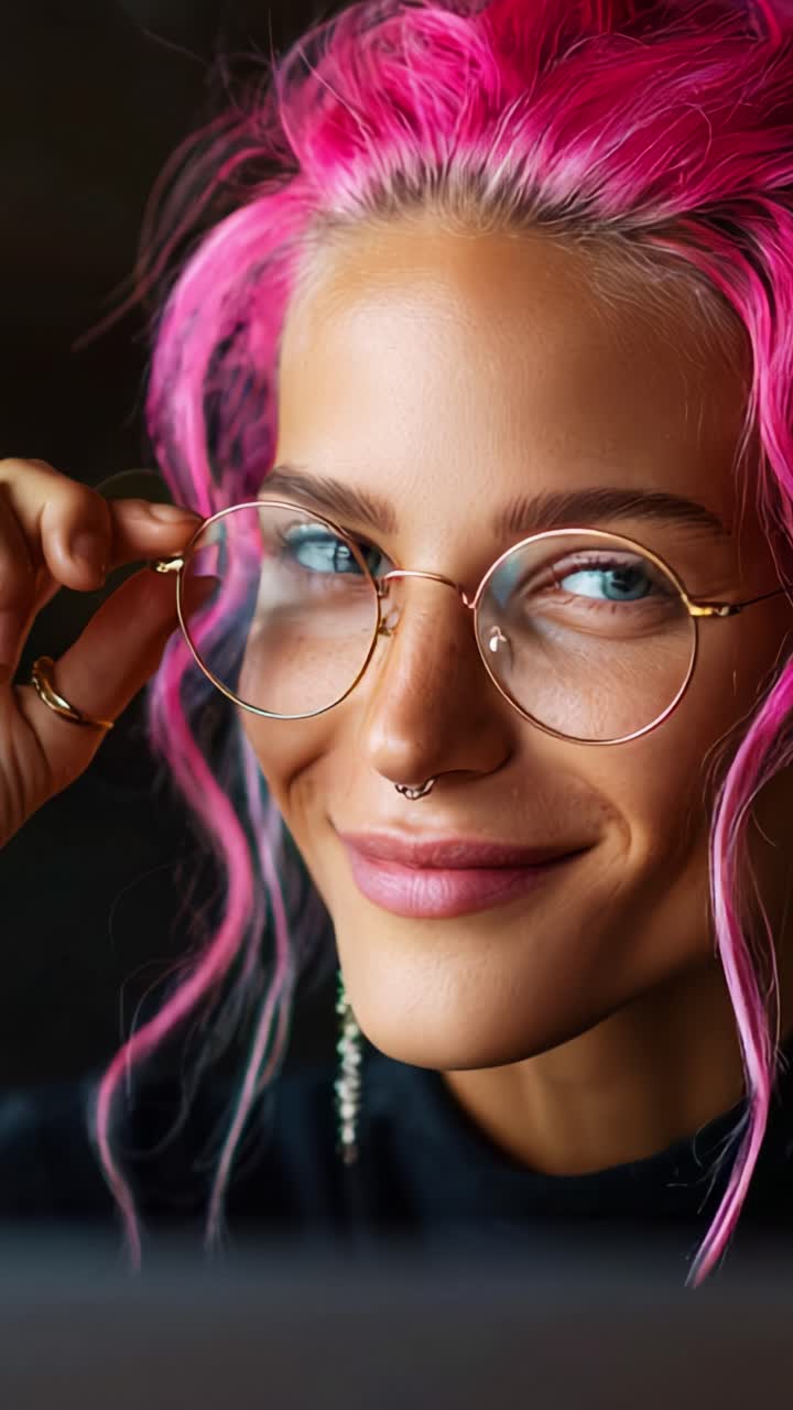 A vibrant young woman with pink hair and stylish glasses playfully poses for the camera, showcasing her joyful expression and unique sense of style
