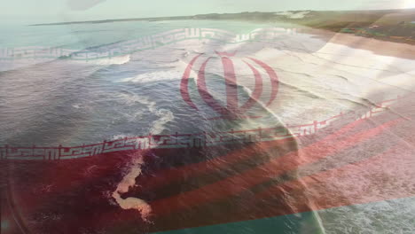 animation of flag of iran blowing over beach landscape