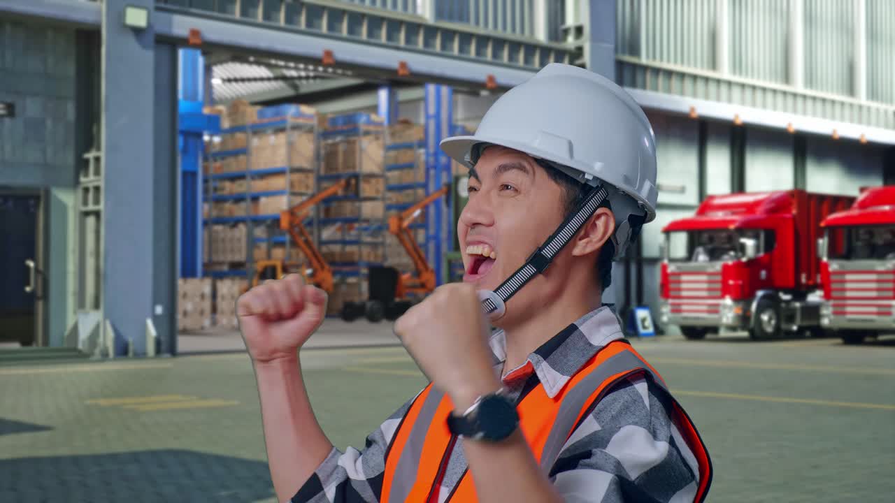 Close Up Of Side View Of Asian Male Engineer With Safety Helmet Screaming Goal Celebrating Working , Outside of Logistics Distributions Warehouse