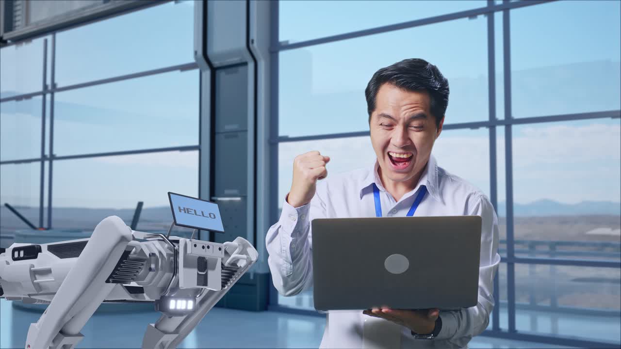 로 팔과 노트북으로 성공을 축하하는 엔지니어