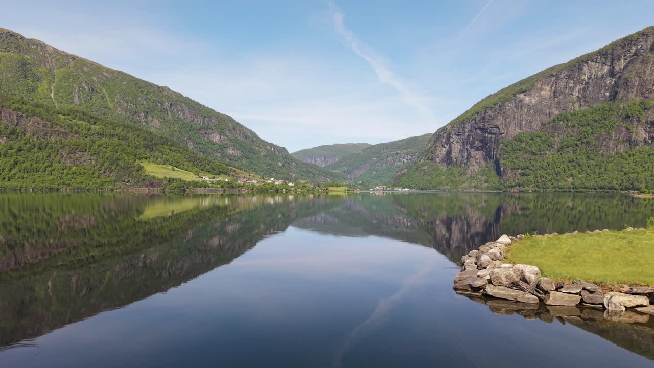 Mirror Reflections Over Granvinsvatnet Lake In The Vestland County, Norway. Wide Shot