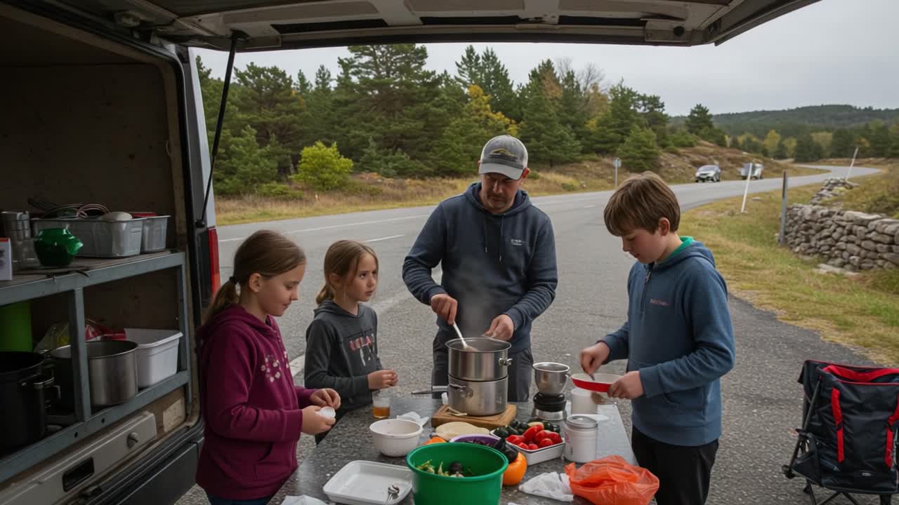 Cookout Adventure: A Family's Joyful Cooking Experience in Nature by the Roadside, Creating Delicious Meals Together Under the Open Sky