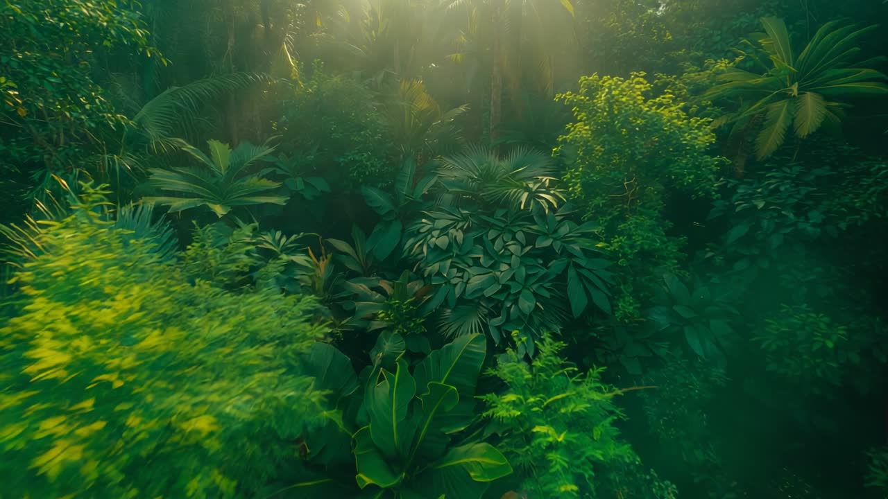 Gliding camera descending through dense tropical rainforest canopy, revealing shifting sunbeams