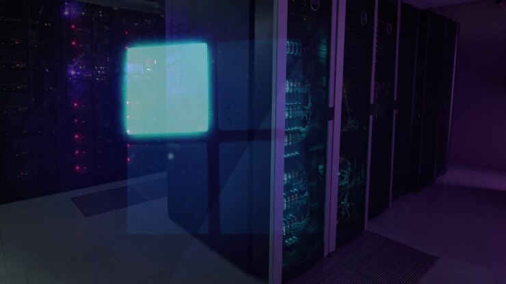 Animation of glowing squares over server room