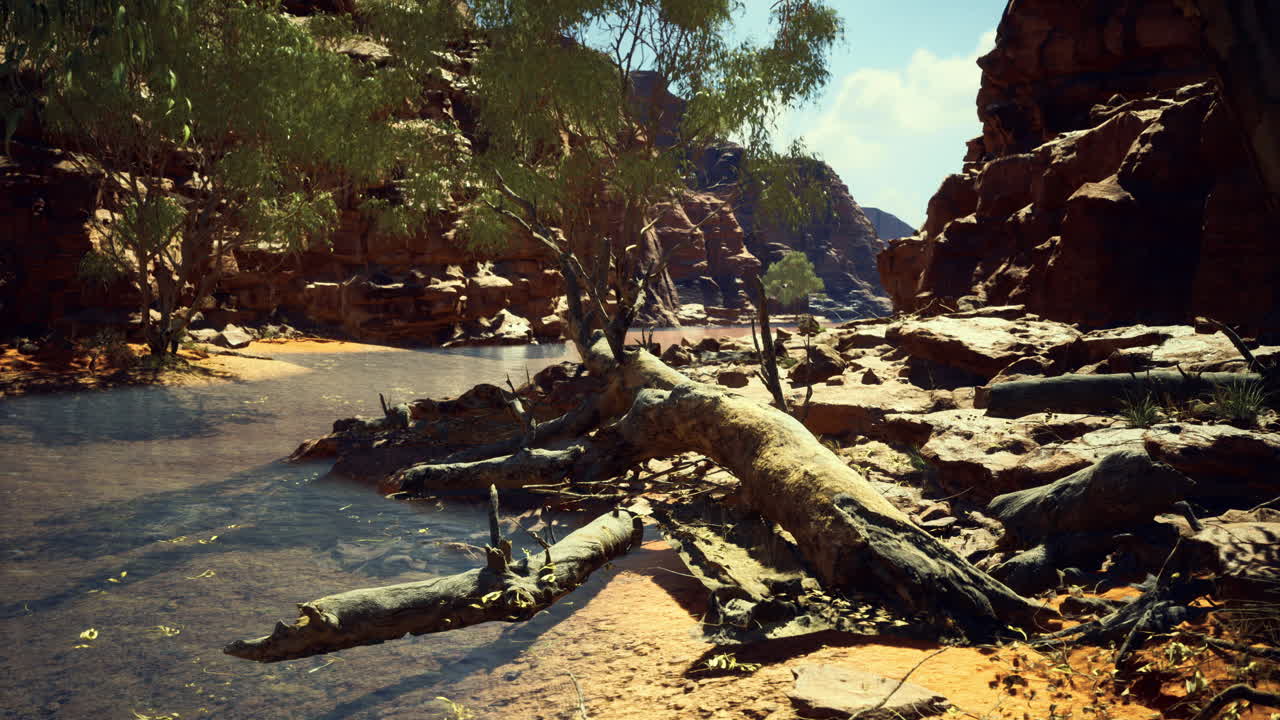 Scenic view of a calm river surrounded by rugged cliffs during midday