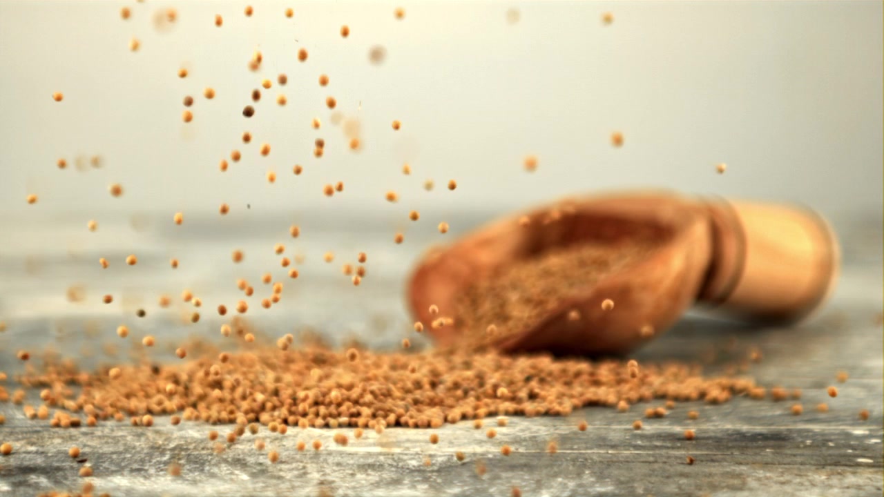 Mustard Seeds Falling in Super Slow Motion with Wooden Scoop