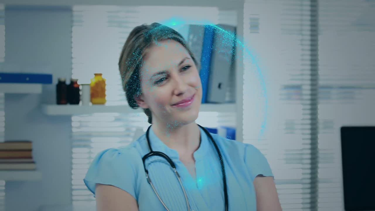 Animación de globo terráqueo sobre médico y paciente diversos dándose la mano