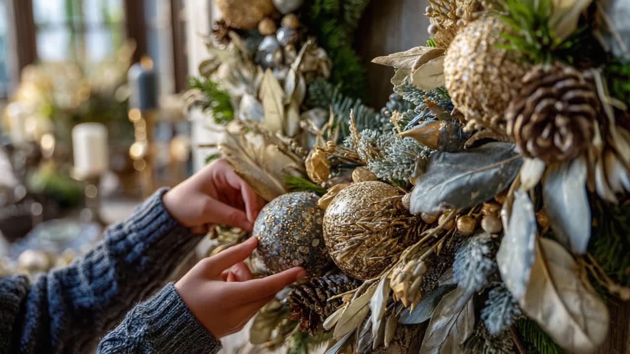 Creating a Festive Atmosphere: Decorating a Beautiful Wreath with Gold and Silver Ornaments for the Holiday Season