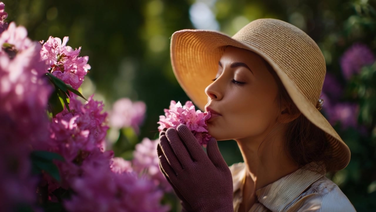 Un momento tranquillo tra fiori in fiore: una donna si gode il profumo dei boccioli rosa indossando un cappello di paglia e guanti da giardinaggio in un lussureggiante ambiente da giardino.
