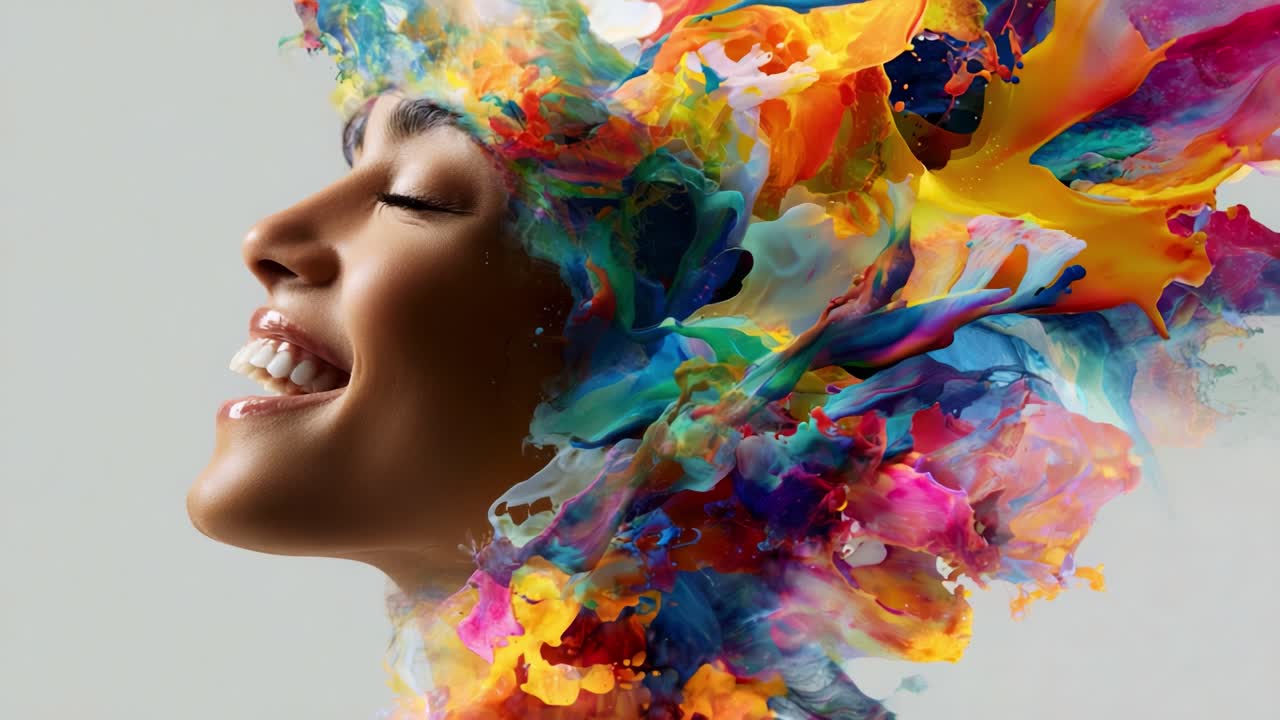 A Vibrant Journey Through Color and Emotion: A Close-up of a Joyful Woman Surrounded by a Whirlwind of Artistic Swirls and Splashes, Capturing the Essence of Happiness and Creativity