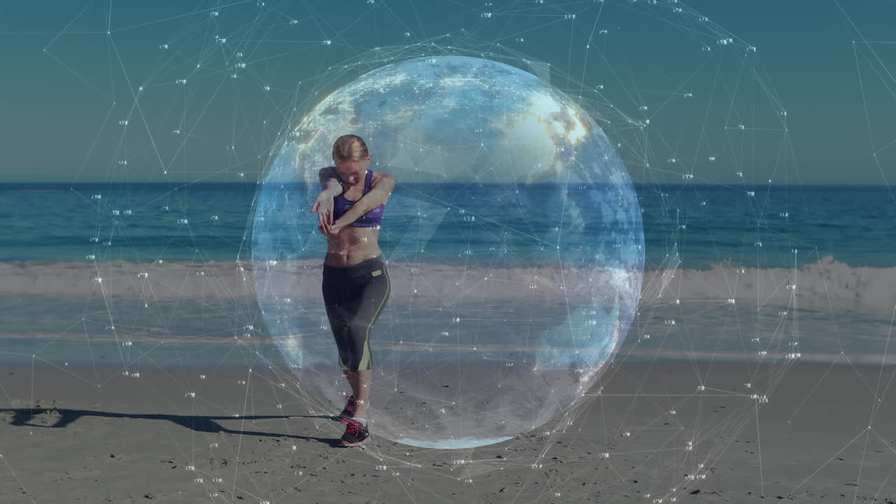 animación de una red global brillante sobre una mujer haciendo yoga en una playa soleada