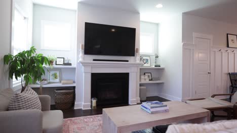 Light-Interior-of-modern-living-room,-with-TV-and-green-plant