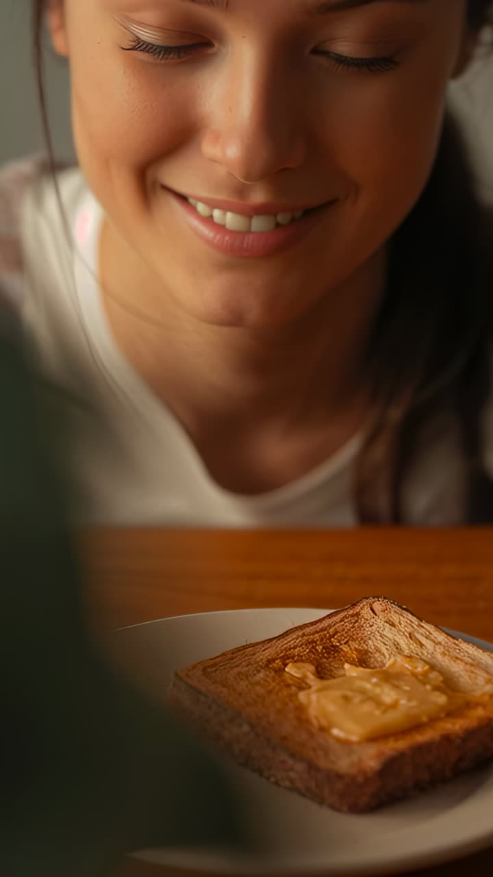 Vertical video: Leaning woman in white top spotting buttered toast on plate at home, awaiting bite
