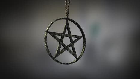 high quality close up render of a polished carved marble circular pentacle amulet, swinging slowly on the end of a neck chain, with super shallow depth of field abd bokeh background