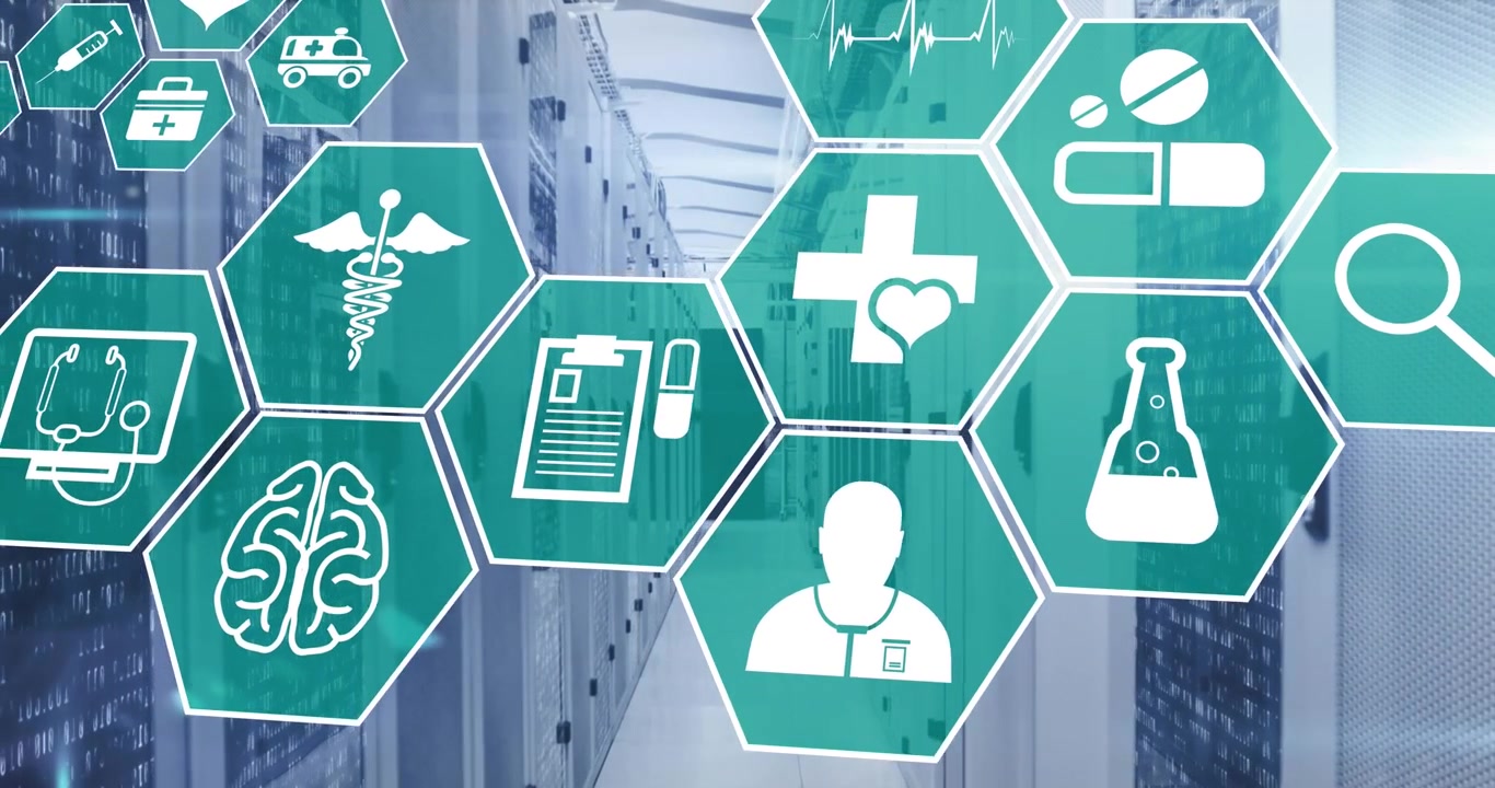 Animazione di icone mediche multiple su sala server di computer.