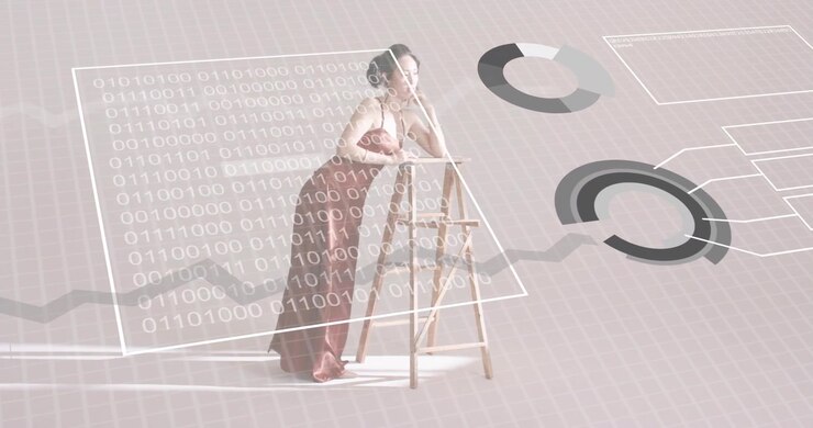 Donna asiatica adulta appoggiata a una scala di legno che crea grafici a torta per l'analisi tecnologica, analizzando i dati.