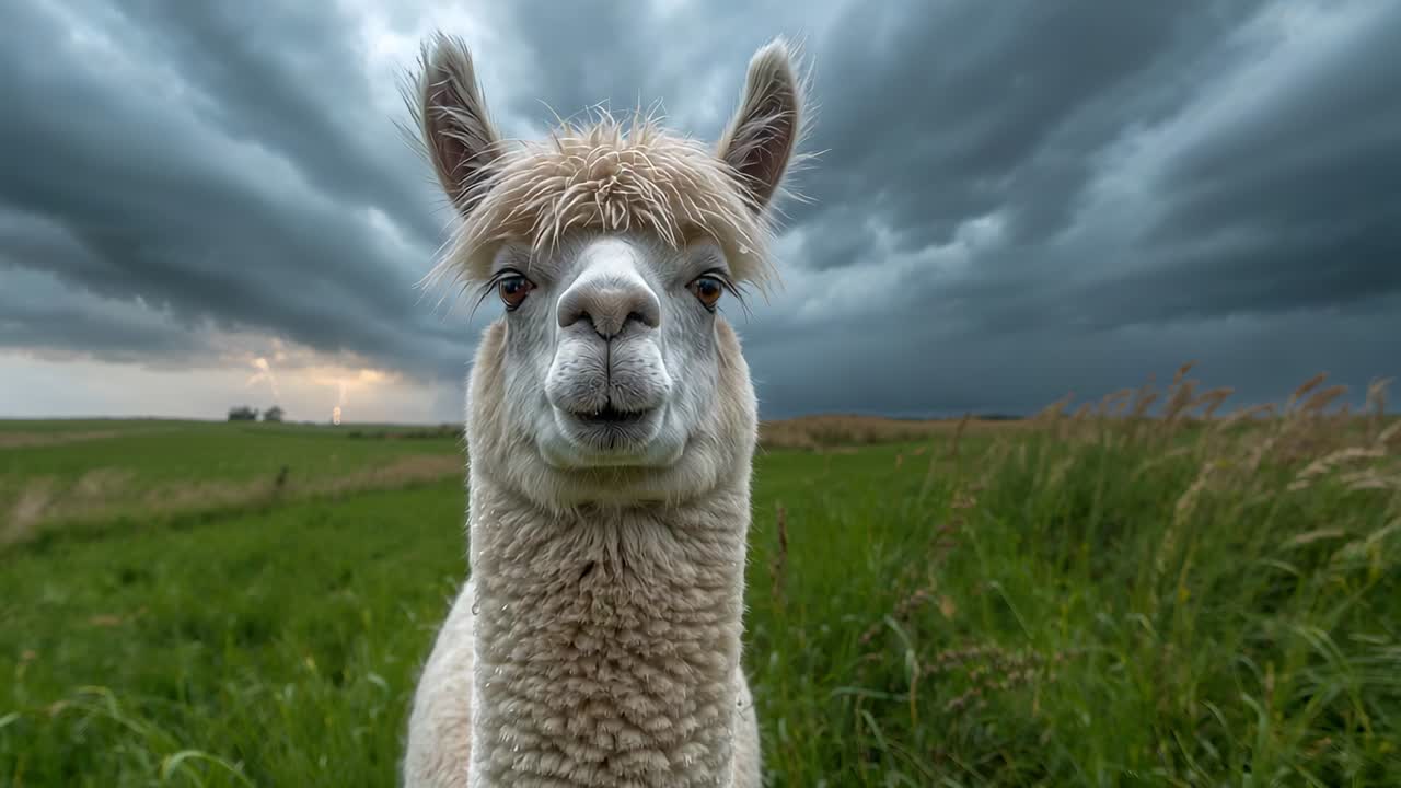 Reacting to breeze, white alpaca turning head in field, tall green grass and dark storm clouds