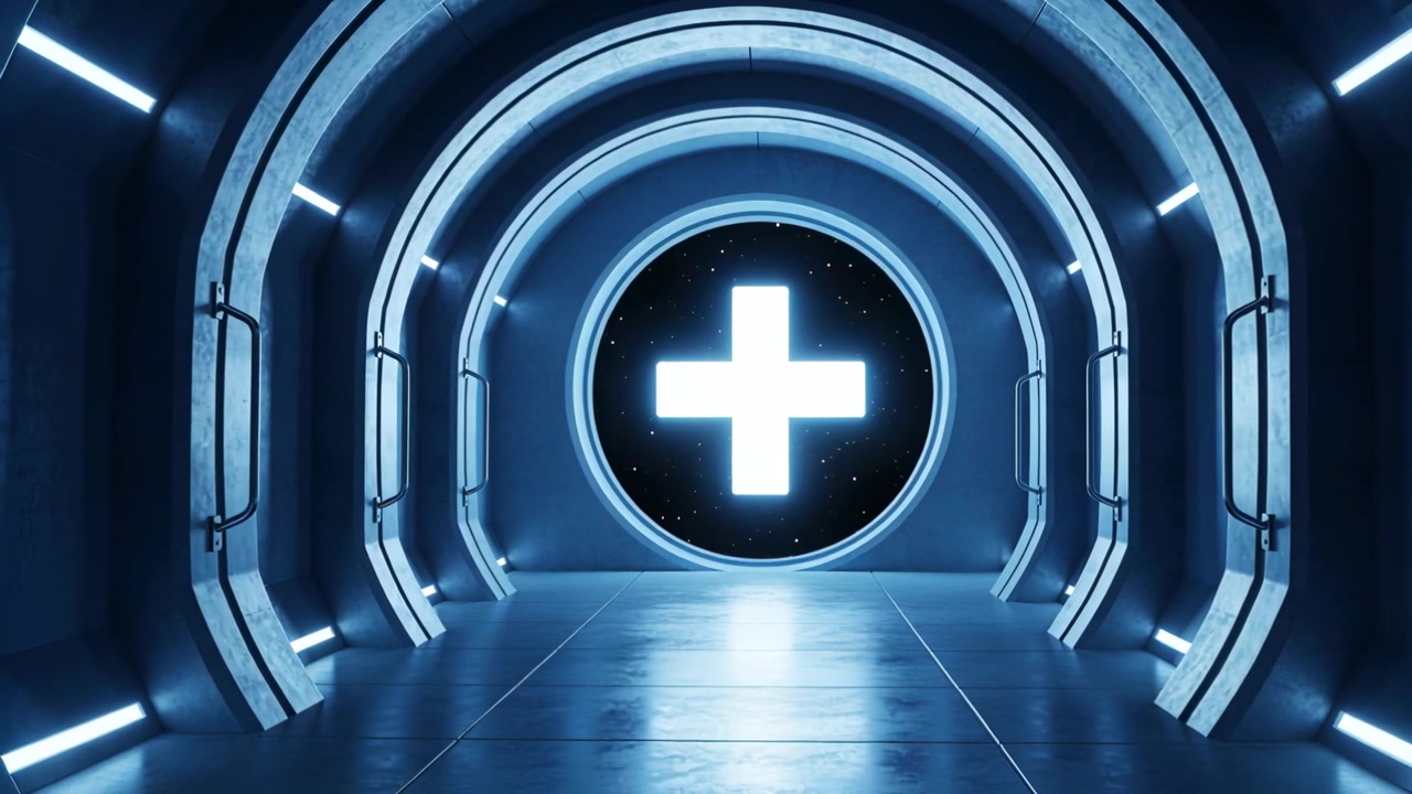 Glowing plus sign pulsing inside round portal in arched passage, lighting shifting casting gleam