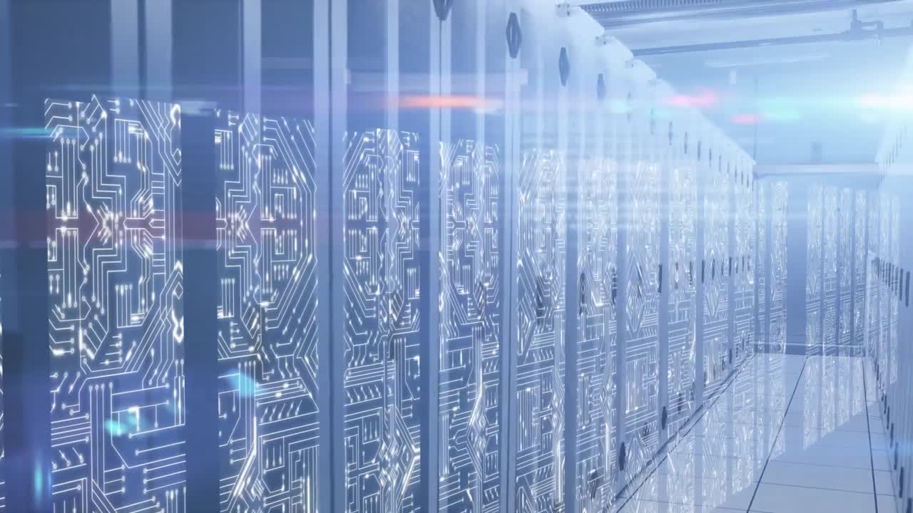 Animation of data with computer processors in background