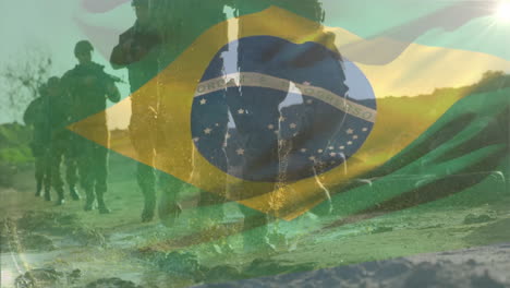 animation of flag of brasil over diverse soldiers with guns