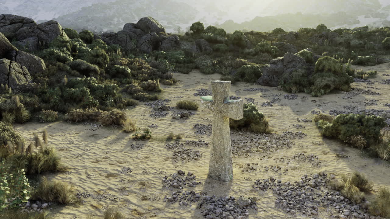 Ancient stone cross stands in a secluded desert landscape during golden hour