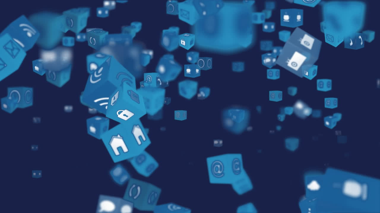 animación de iconos digitales flotando sobre un fondo azul