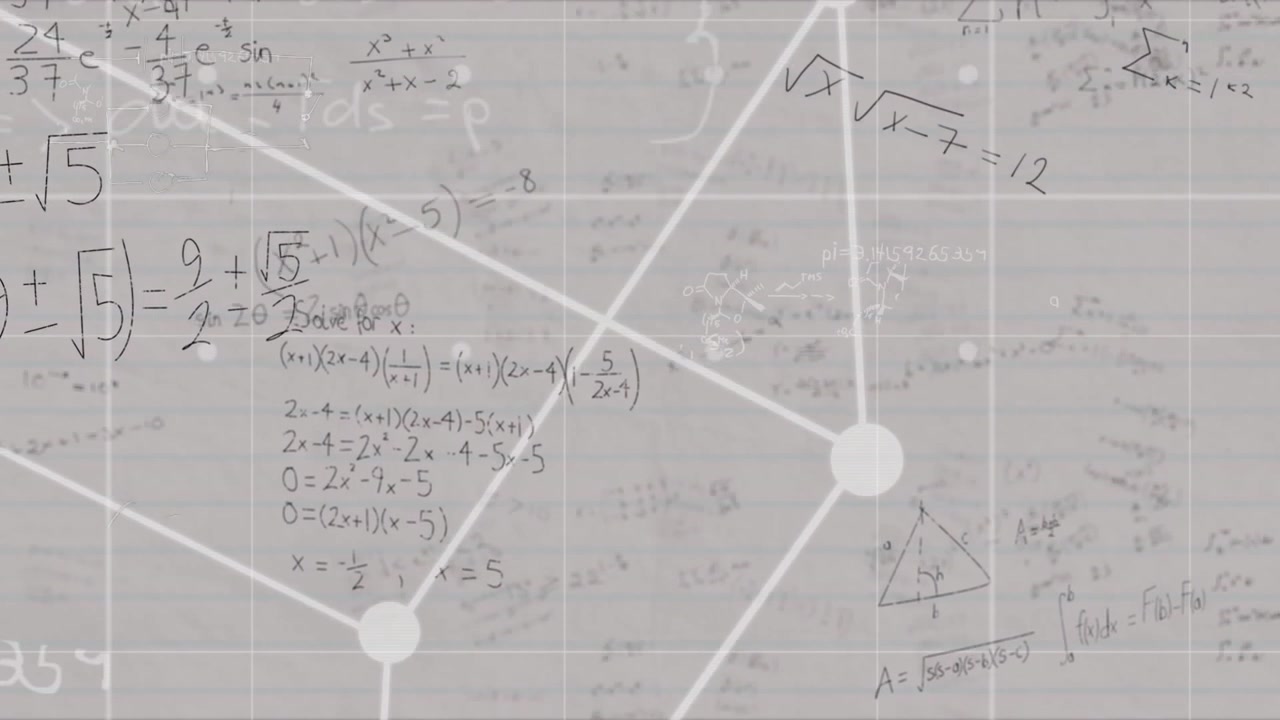 Hexagonal network fading in over grid-paper notes, rotating and expanding, revealing math solutions