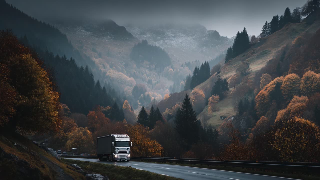 A solitary truck navigates through a misty mountain road, surrounded by vibrant autumn colors and dramatic landscapes, capturing the essence of journey and adventure