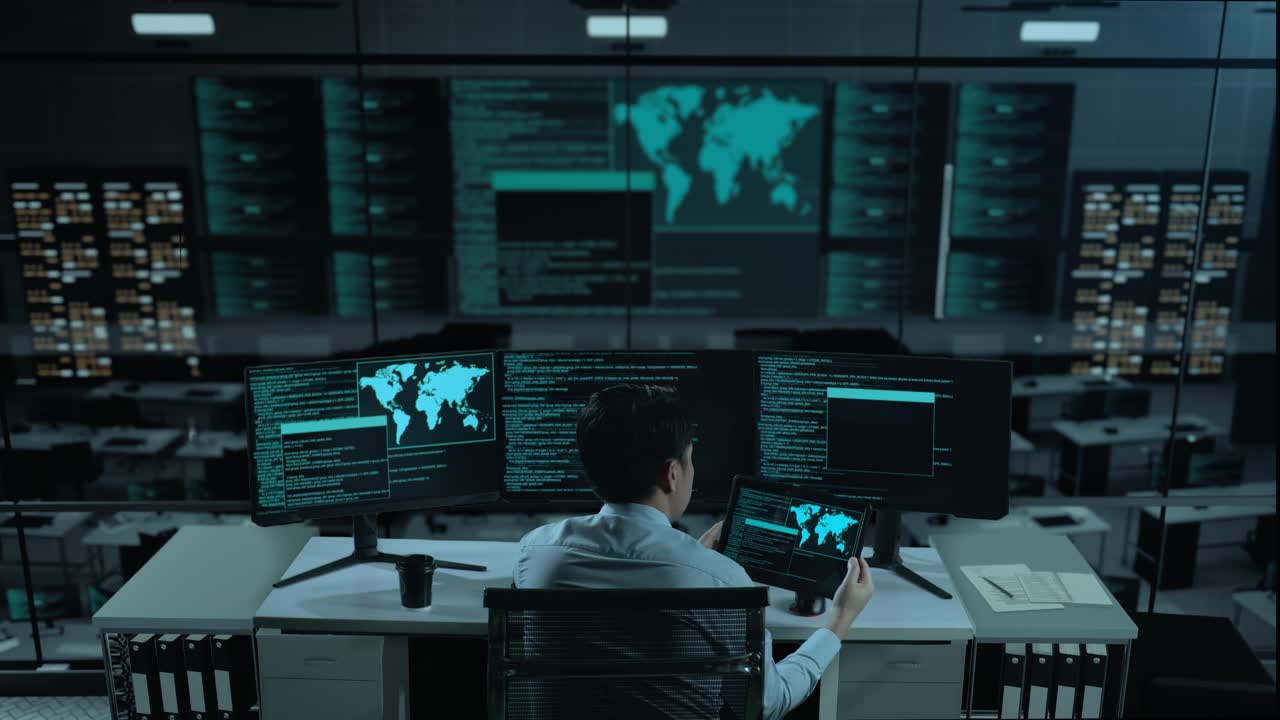 Back View Of Asian Man Developer Working With Tablet While Write Code With Multiple Computer Screens In The Office