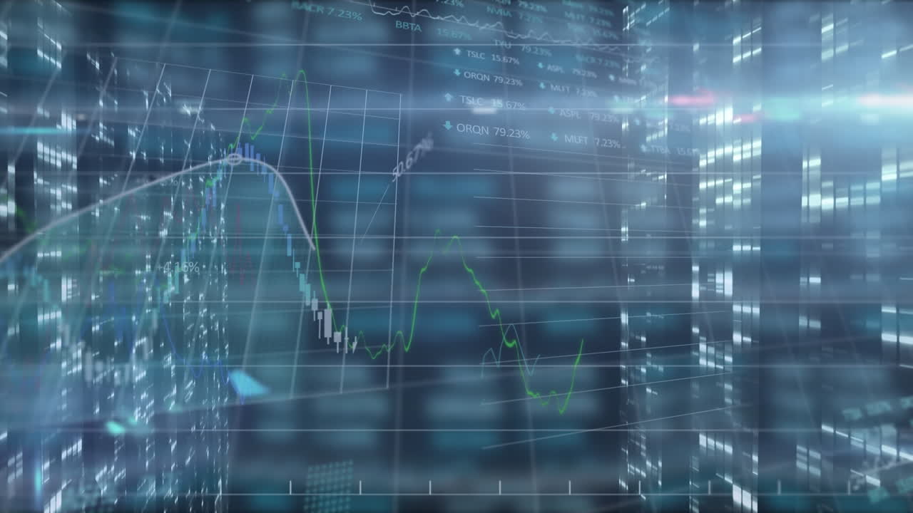 Animation of stock market numbers and computer processors recording data in background