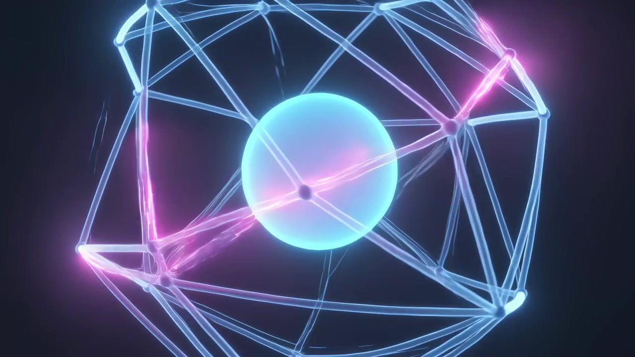 Rotating cyan sphere and wireframe sending pink pulse along edges, sending energy to nodes in void