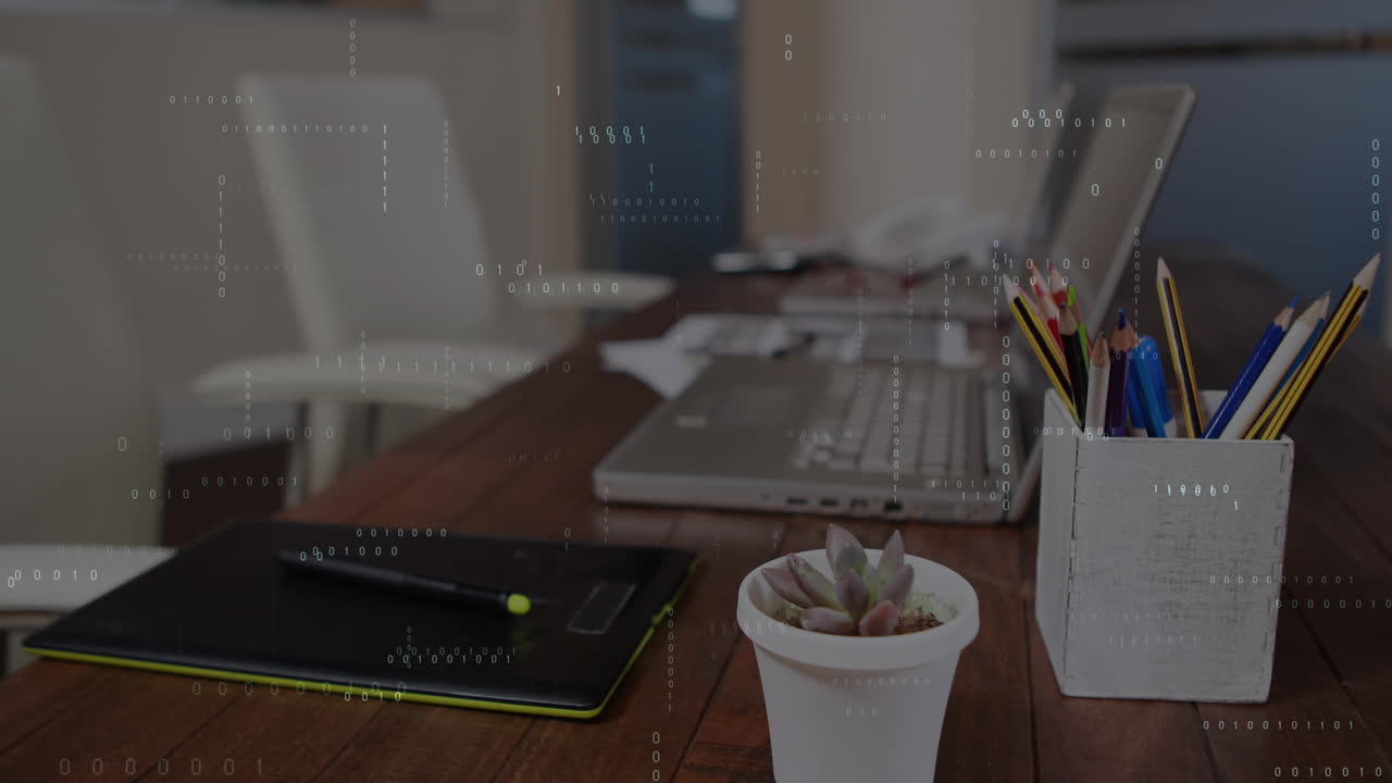 Animation of binary coding data processing against close up of equipment on office desk