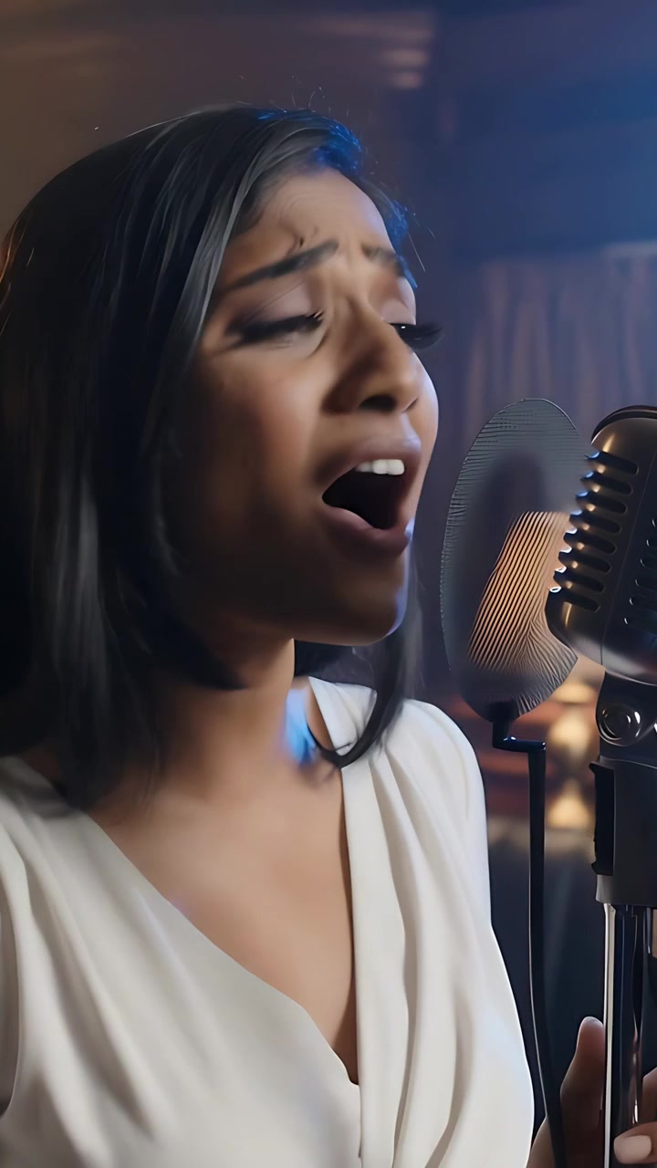 Vertical video: Singing singer in cream dress at studio smiling, leaning into mic to convey emotion