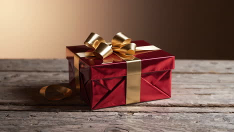 red gift box with gold ribbon on wooden table