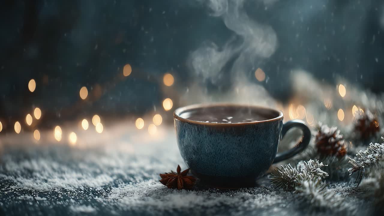 A Cozy Winter Scene Featuring a Warm Cup of Coffee Surrounded by Snow and Twinkling Lights, Creating a Perfect Atmosphere for Relaxation and Comfort