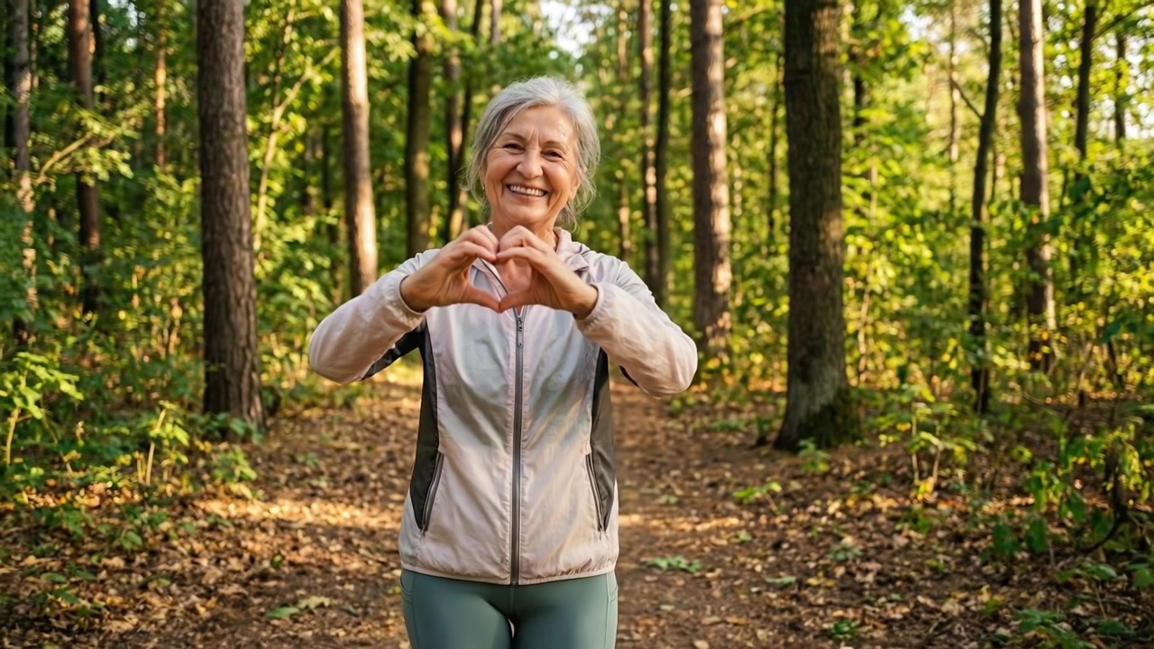 Anziana donna felice che forma un cuore con le mani mentre si trova su un sentiero nel bosco.